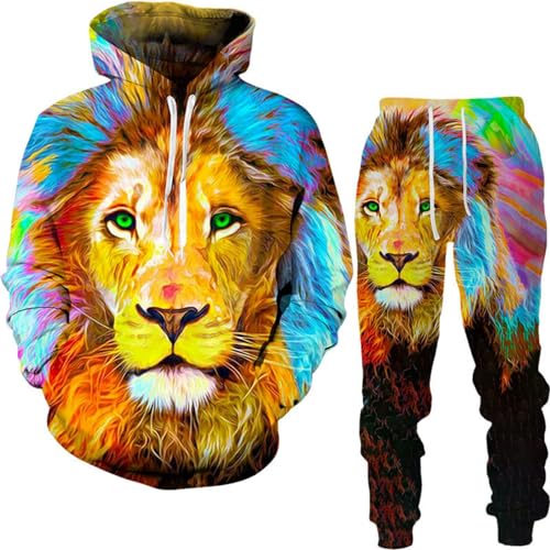 RIAAJ 3D wolf Jogginganzug Herren Jogging Sportanzug Fitness Sporthose Hose Hoodie Herren Trainingsanzug Zweiteiliges Set Freizeitanzug mit Löwen Tigermuster Sportsw (A2,S)