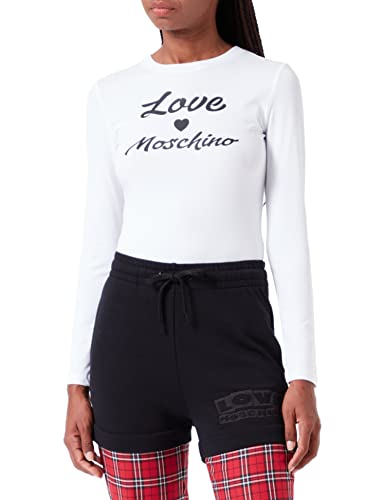 Love Moschino Damen Tight-fitting Long Sleeves With Cursive Brand Print T Shirt, Optical White, 48 EU