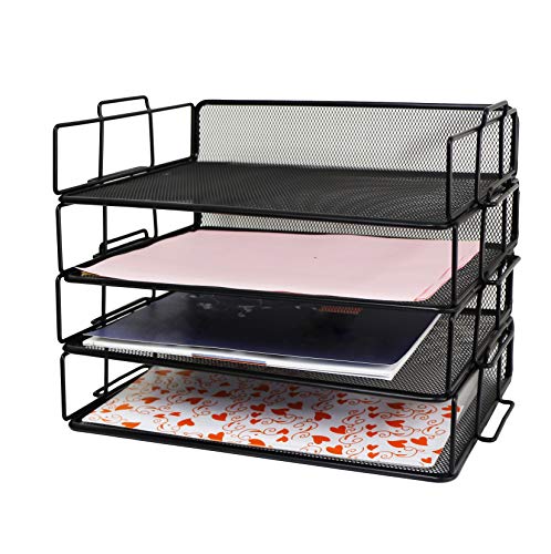 Exerz Drahtgeflecht Papiersortierer 4 Stück Etagen/Schreibtisch Multifunktionaler Organizer/Aktenhalter Briefablage Stapelbar für Büro, Schule, Studium, 2-in-1 Schublade, Platzsparend Schwarz