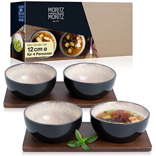 Moritz & Moritz 4X Miso Schüssel Set 12 cm Ø - Japanisches Geschirr Set aus Keramik und Sandelholz für Miso Suppe, Dip und Snacks – Mit Serviertablett