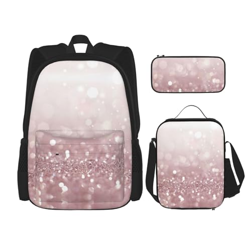 WURTON Schulrucksack-Set mit rosa Glitzerdruck, mit Lunch-Tasche, Federmäppchen, Kombination, Schultaschen-Set