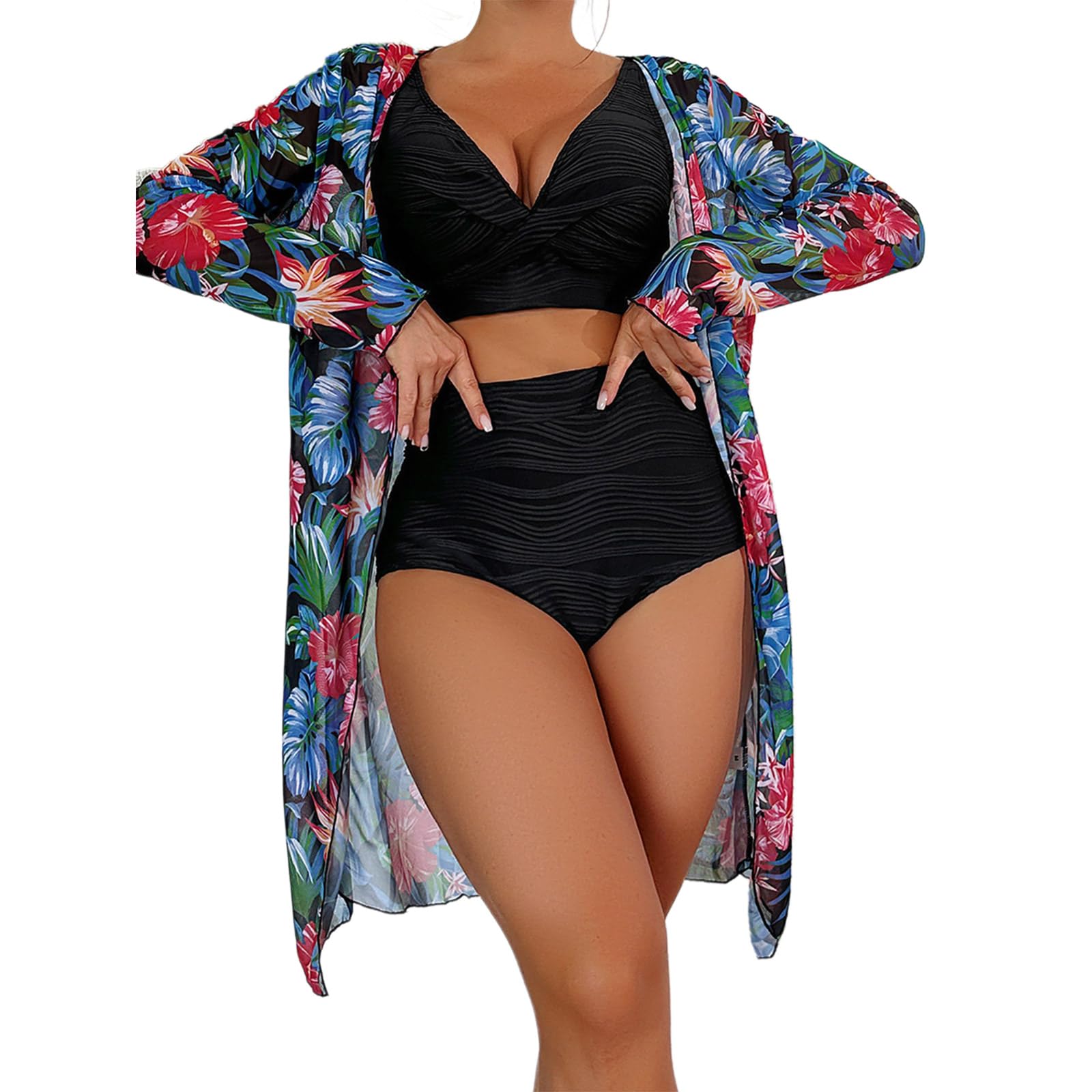 ohodhmnu 3-teiliges Damen-Bikinis-Badeanzug-Set mit Strand, langer Kimono, Blumendruck, Bademode mit Bauchkontrolle, Boyshorts