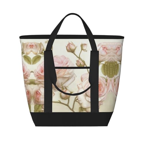 YQxwJL Tragetasche mit rosa Rosen, großes Fassungsvermögen, isolierte Lunchtasche, wiederverwendbare Einkaufstasche mit Reißverschluss, für Damen und Herren