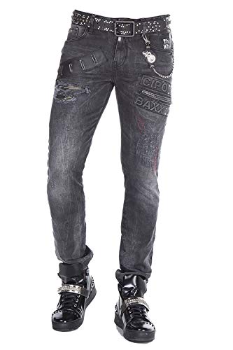 Cipo & Baxx Herren Jeanshose Kunstleder Destroyed Nieten 3D Label Denim Pant Skinny Regular Fit Hose Used CD396 Schwarz W31 L34