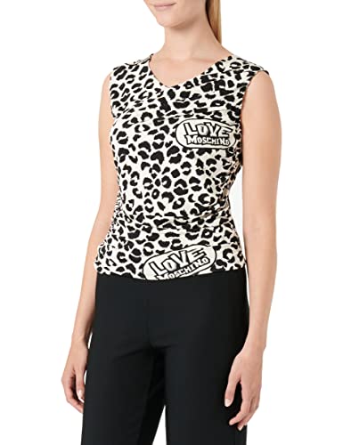 Love Moschino Damen Sleeveless Draped Top Animalier Printed T Shirt, Beige Black, 46 EU