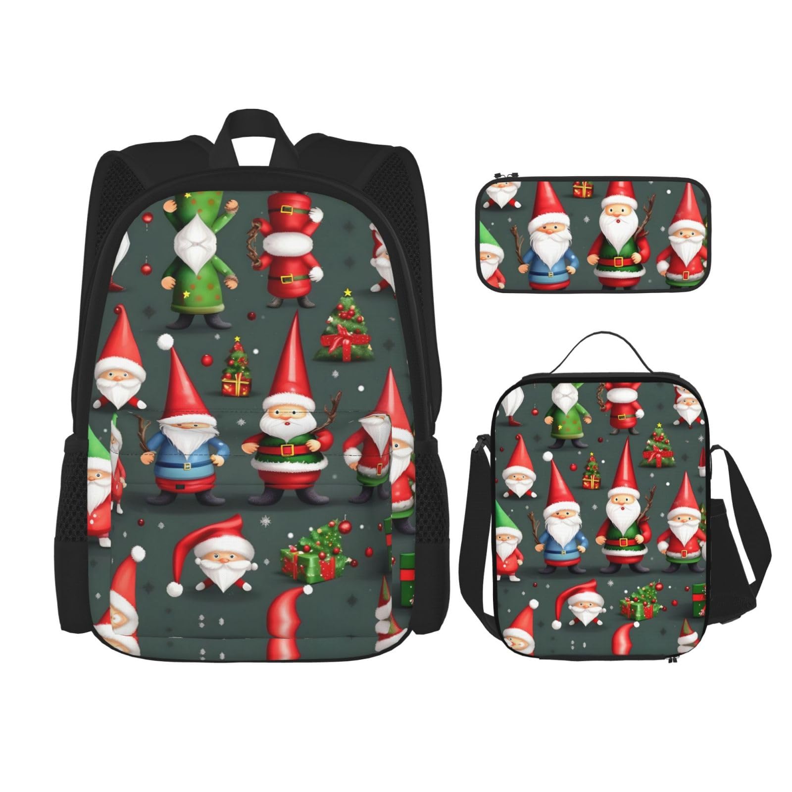 WURTON Lunchbox/Federmäppchen, Rucksack-Set mit lustigen Zwergen, 3-teilig, verstellbare Riemen, langlebig, leicht, Schwarz, One Size