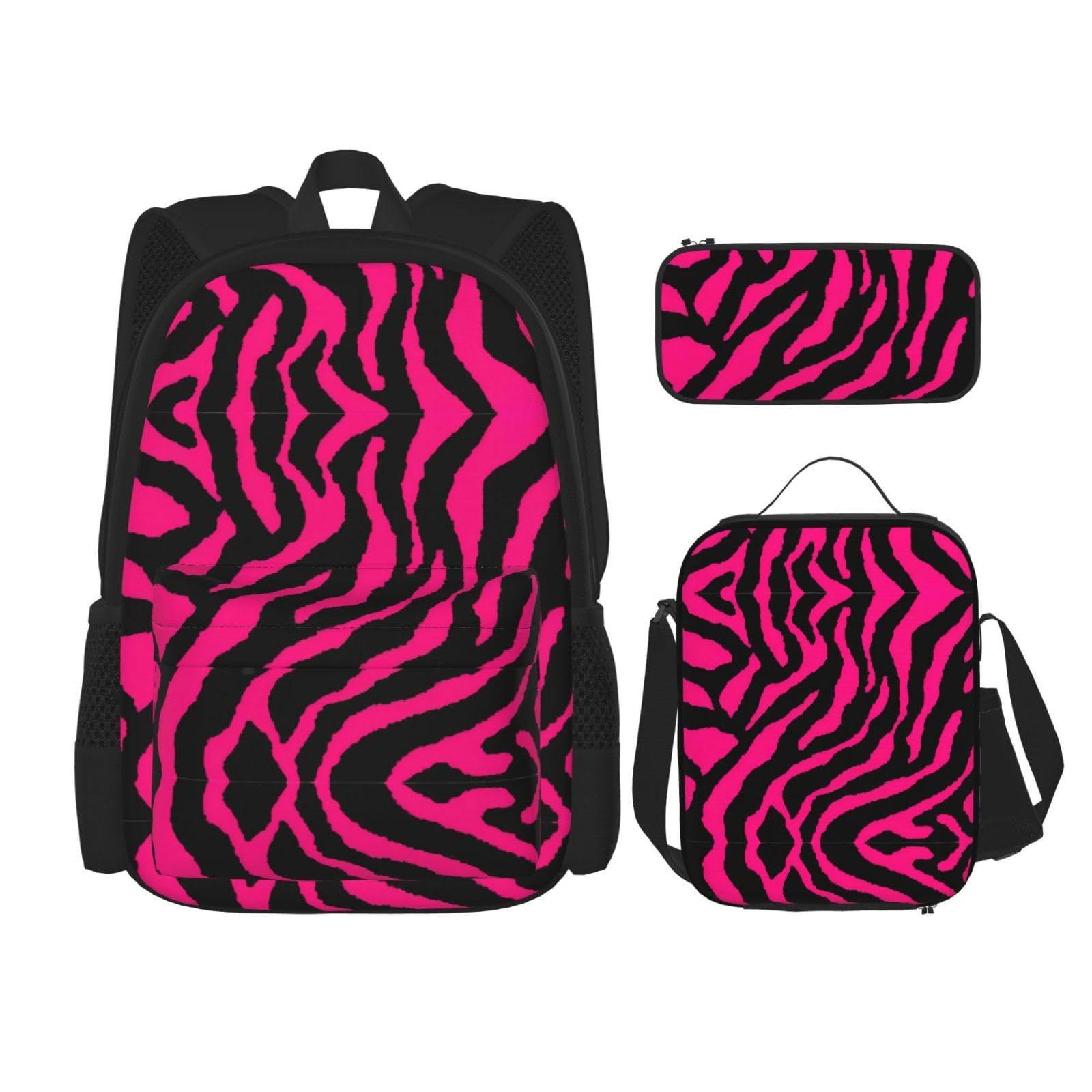 WURTON 3-in-1 Büchertaschen-Set mit Zebra-Tigermuster, Leopardenmuster, verstellbarer Schulter-Rucksack, Lunch-Tasche, Federmäppchen, Beutelbox, Schwarz, Einheitsgröße