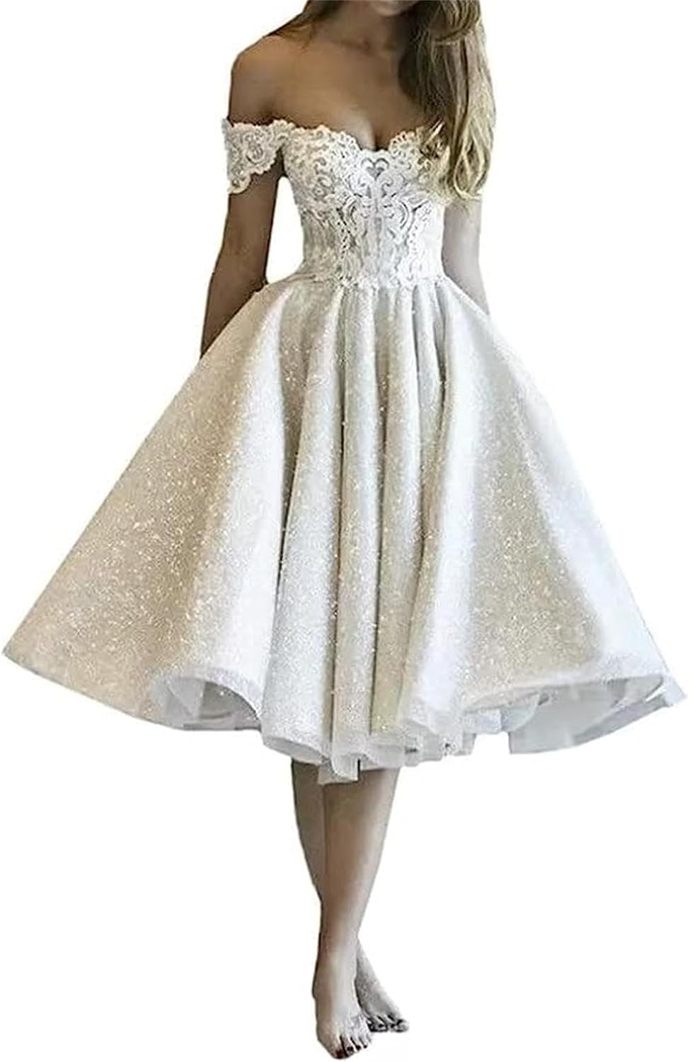 Kurzes Hochzeitskleid, glitzernde Ballkleider, Schulterfreies Brautpartykleid, Weiß, 32