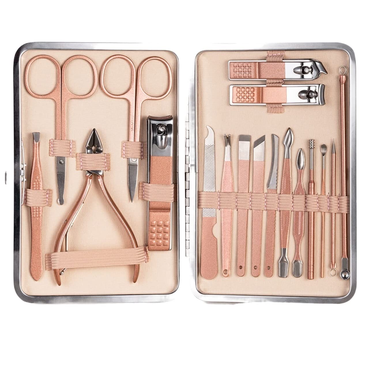 OPKDE 7–23-teiliges professionelles Nagelschneider/Pediküre-Scheren-Set aus Edelstahl, Adlerhaken, tragbares Maniküre-Nagelknipser-Werkzeug-Set (18 Stück, rosa)