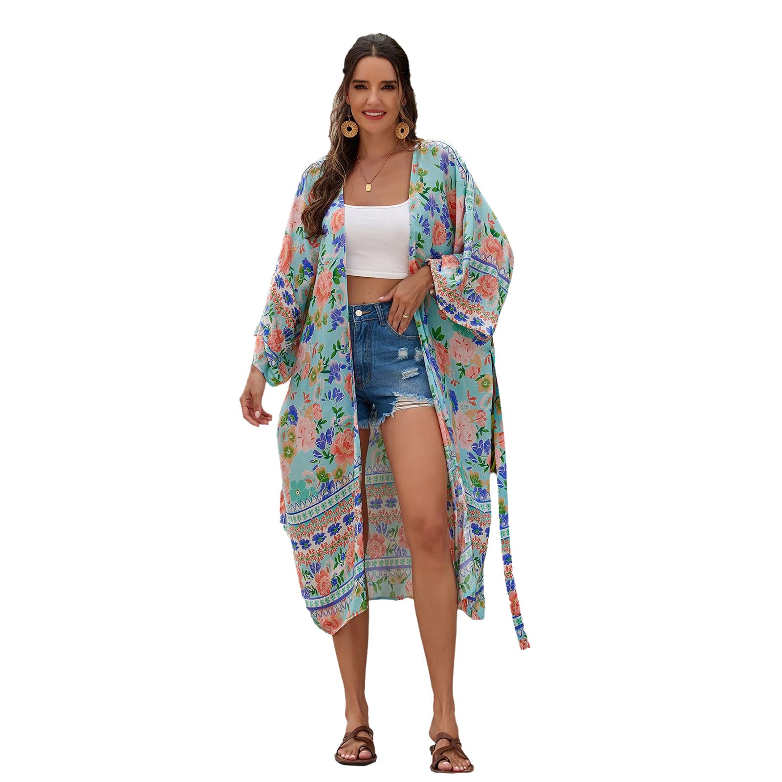 Fhkpsqkcn Damen-Badeanzug mit Blumendruck, Strandbekleidung, Schlafshirt, lockere Strickjacke, Bademode, Badeanzug, Coverups