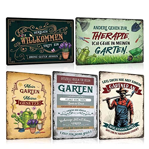 ZDFDC 5er Blechschilder Set Garten 20x30cm - Vintage Gartenschilder mit Sprüchen Lustig - Garten-regeln - Herzlich Willkommen - Wetterfest Metall-schild Deko Geschenk für Gärtner Gartentor