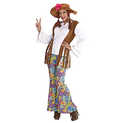 Widmann - Kostüm Woodstock Hippiefrau, Bluse mit Weste, Hose und Hut mit Haaren, Fasching