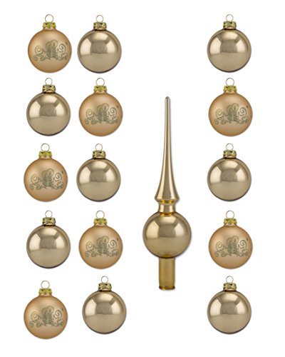 Thüringer Glasdesign A016-2356-1340 - 16 teiliges Christbaumschmuck Sortiment in Gold Uni glanz und Deko matt mit Dekor Kerze