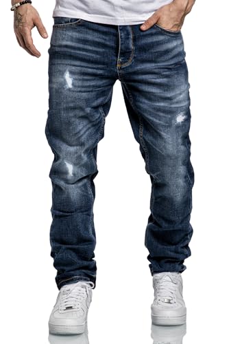 Amaci&Sons Herren Jeans Regular Straight Fit Denim Hose Destroyed A7998 Dunkelblau W36/L30