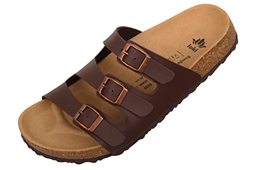 loki ANNA by Pantoletten für Damen I nachhaltig & vegan, PETA-zertifiziert I Sandalen mit flexibler EVA-Laufsohle & Memory-Korkfußbett I 3-Riemer Schlappen, Allergiker-freundlich I 39 in Braun