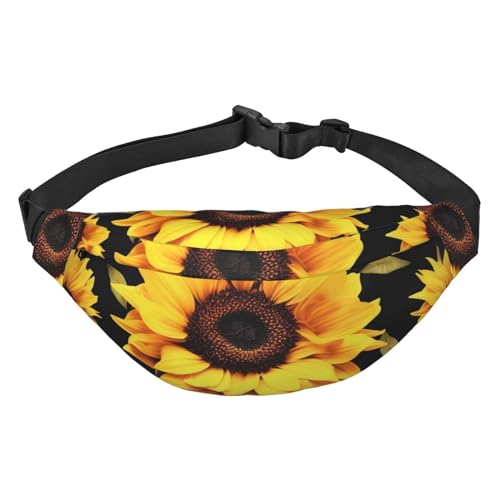 Strapazierfähige und leichte Gürteltasche mit Holzmaserung, wasserabweisendes Polyesterfasermaterial, Sonnenblumenblühende Blumen Pflanzen schwarz und gelb, Einheitsgröße