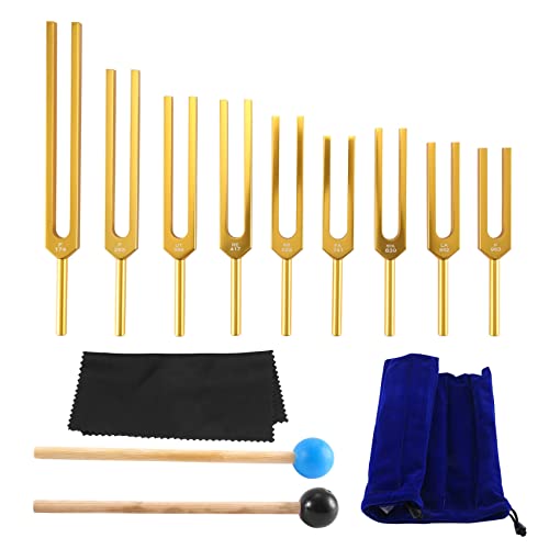 Knadgbft Stimmgabel Set - 9 Stimmgabeln für Chakra Heilung, Klangtherapie, Halten KöRper, Geist und Seele im Perfekter Harmonie - Gold