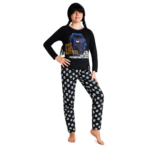 Wednesday Schlafanzug Mädchen Baumwolle, Lange Pyjama Mädchen & Teenager 7-16 Jahren - Geschenke für Mädchen (Schwarz Schädel, 13-14 Jahre)