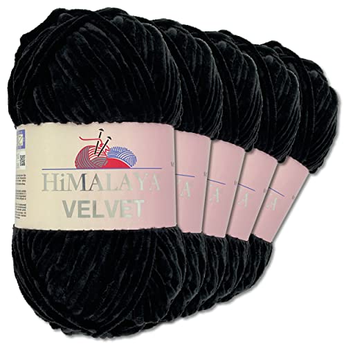 Frida's Wollhaus Himalaya 5 x 100 g Velvet Chenille-Wolle Handarbeit Amigurumi Dolphin 40 Farben (90011 | Schwarz)