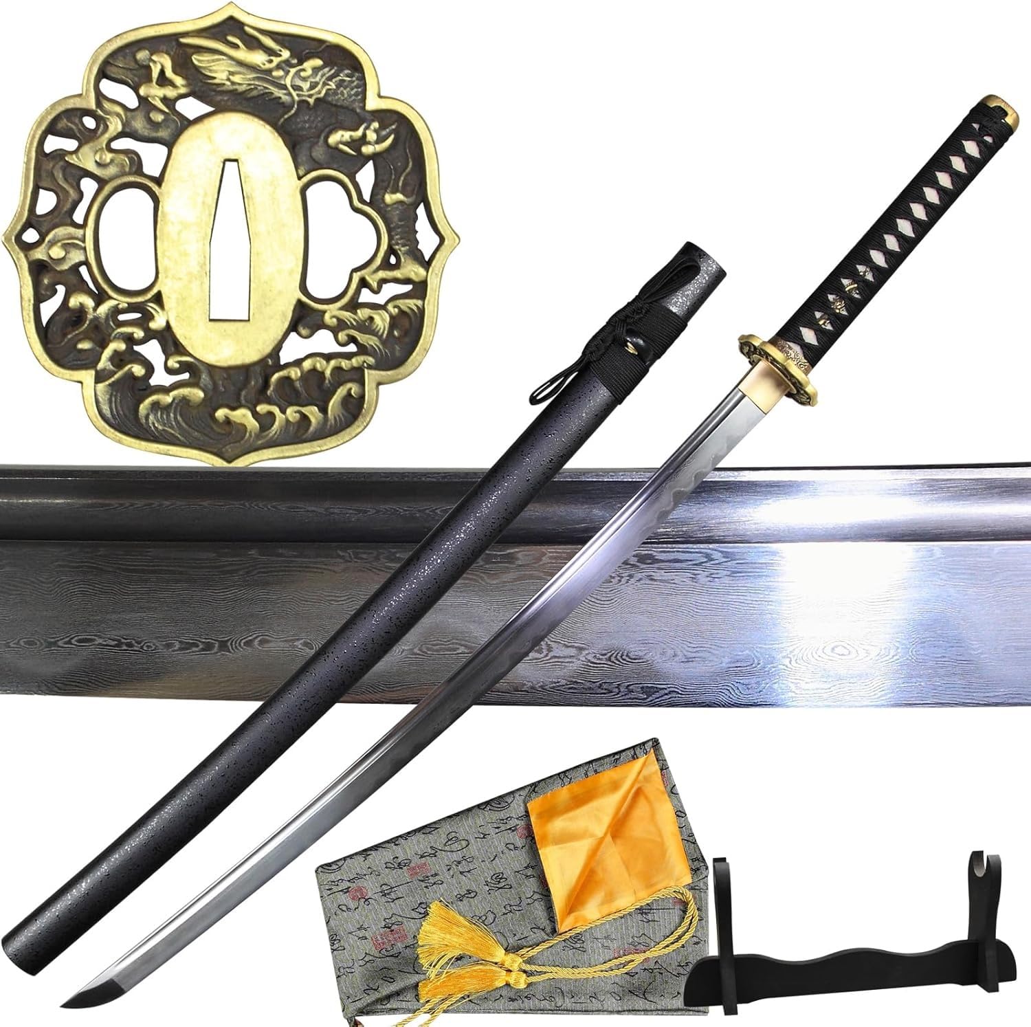 MAUXpIAO Samurai Katana Schwert Scharfes Echtmetall LARP Schwert Tongehärteter gemusterter Stahl katana/A/71cm