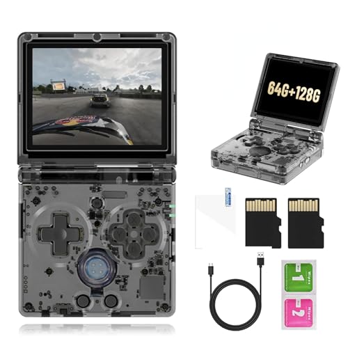 RG35XXSP Tragbare Spielekonsole, 3,5 Zoll IPS Fold Screen Linux, Tragbares Spielsystem mit 64G TF-Karte, 5000+ Spiele, Unterstützung WiFi, BT, Ausgang E-Book Musikvideos, 3300 mAh (Schwarz 64 + 128G)