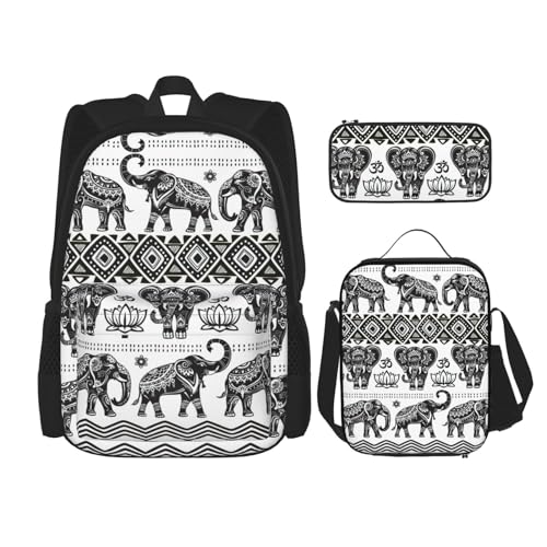 WURTON Rucksack mit Bohemian-Elefantenmuster, für Mädchen, Jungen, Schultaschen, Teenager, Lunchbox und Federmäppchen, 3-in-1-Büchertaschen-Set