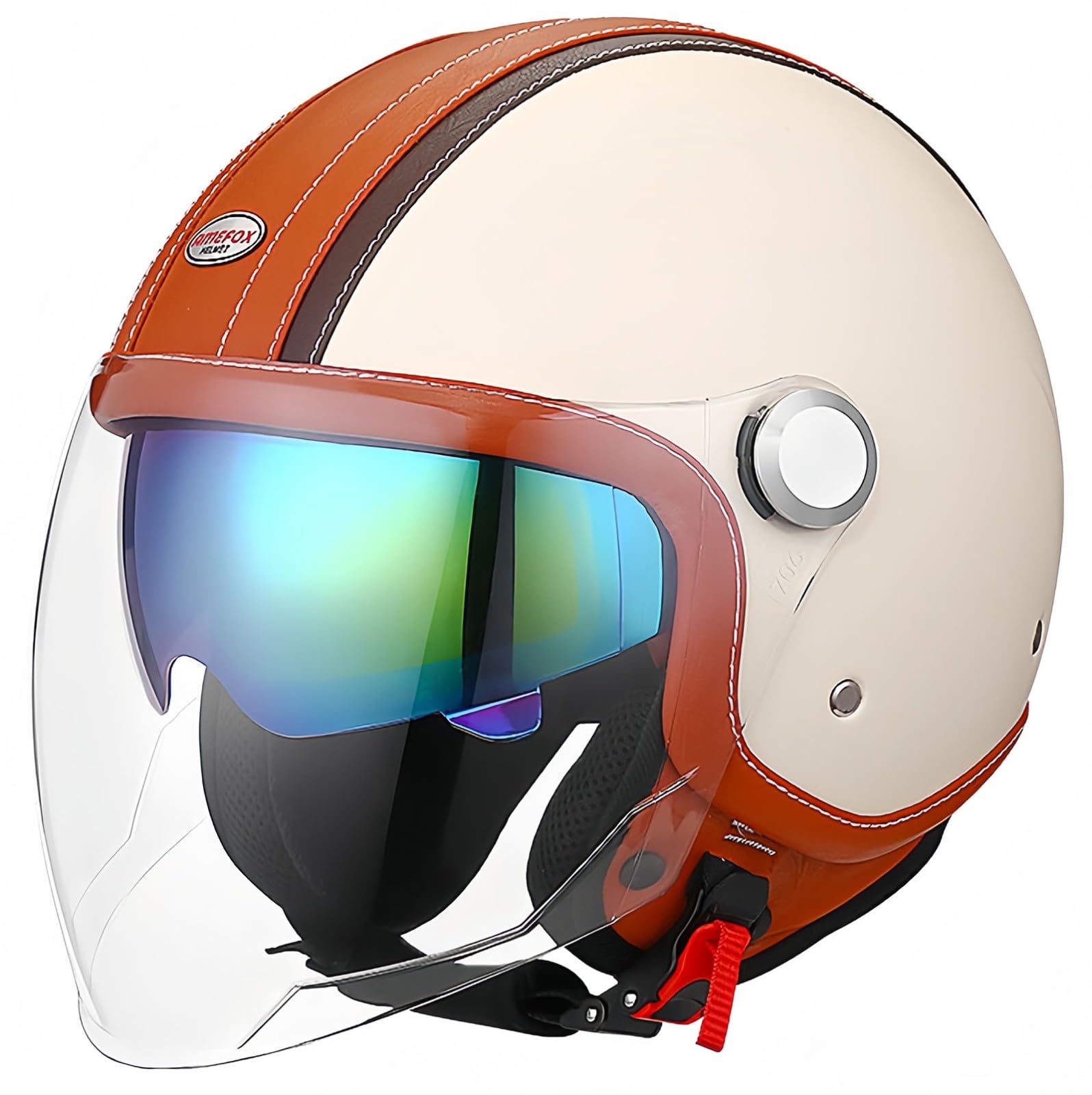 3/4 Open Face Doppelvisier-Motorradhelm, DOT/Ece-Zugelassener Retro-Leder-Halbhelm Für Männer Und Frauen, Motorrad-Fahrrad-Roller-Halbhelm Für Erwachsene, Männer Und Frauen C,M57-60CM