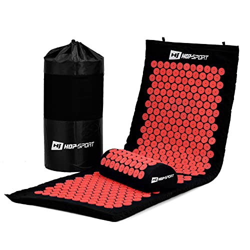 Hop-Sport Akupressur-Set XL extra Lange Akupressurmatte mit Kissen zur Entspannung, Stimulation und Meditation + Transporttasche (rot)