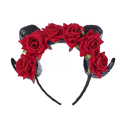 SANRLO Stirnbänder, Haarschmuck für Damen, Stierhorn-Stirnband, Schafhorn, Haarreif für Halloween, Blume, Rose, Haarband, Gothic-Requisiten, Thema für kreatives Party-Kostüm