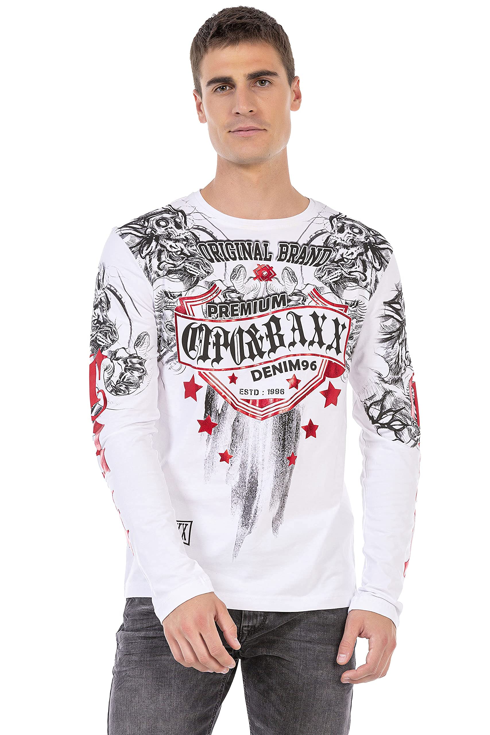 Cipo & Baxx Herren Longsleeve Langarmshirt Sweatshirt Rundhals Aufdruck Sweater CL450 Weiß XXL