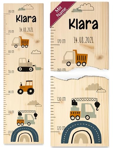 Bagger - Baustelle Baustellenfahrzeuge Baby Messlatte Kinder Kleinkinderzimmer Kran LKW Traktor - 120-180 cm - Holz