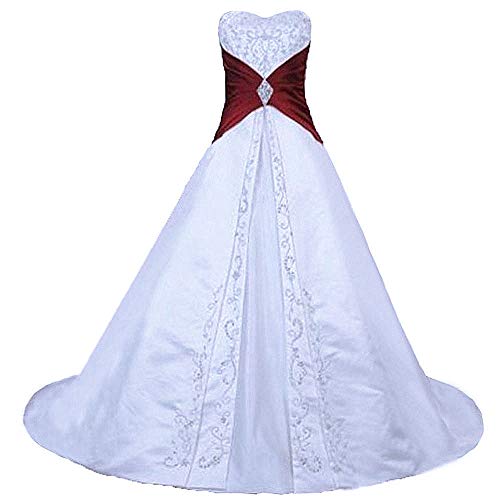 Zorayi Damen Elegante A-Linie Schnürung Stickerei Satin Brautkleid Hochzeitskleider Weiß & Burgund Größe 42