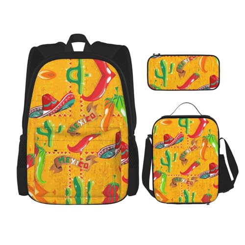 WURTON Rucksack mit Kaktus-Hut und Chilischoten-Druck, 3-in-1, Büchertaschen-Set, Lunchbox, Federmäppchen, Reise-Laptop, Tagesrucksäcke, Schwarz, Einheitsgröße