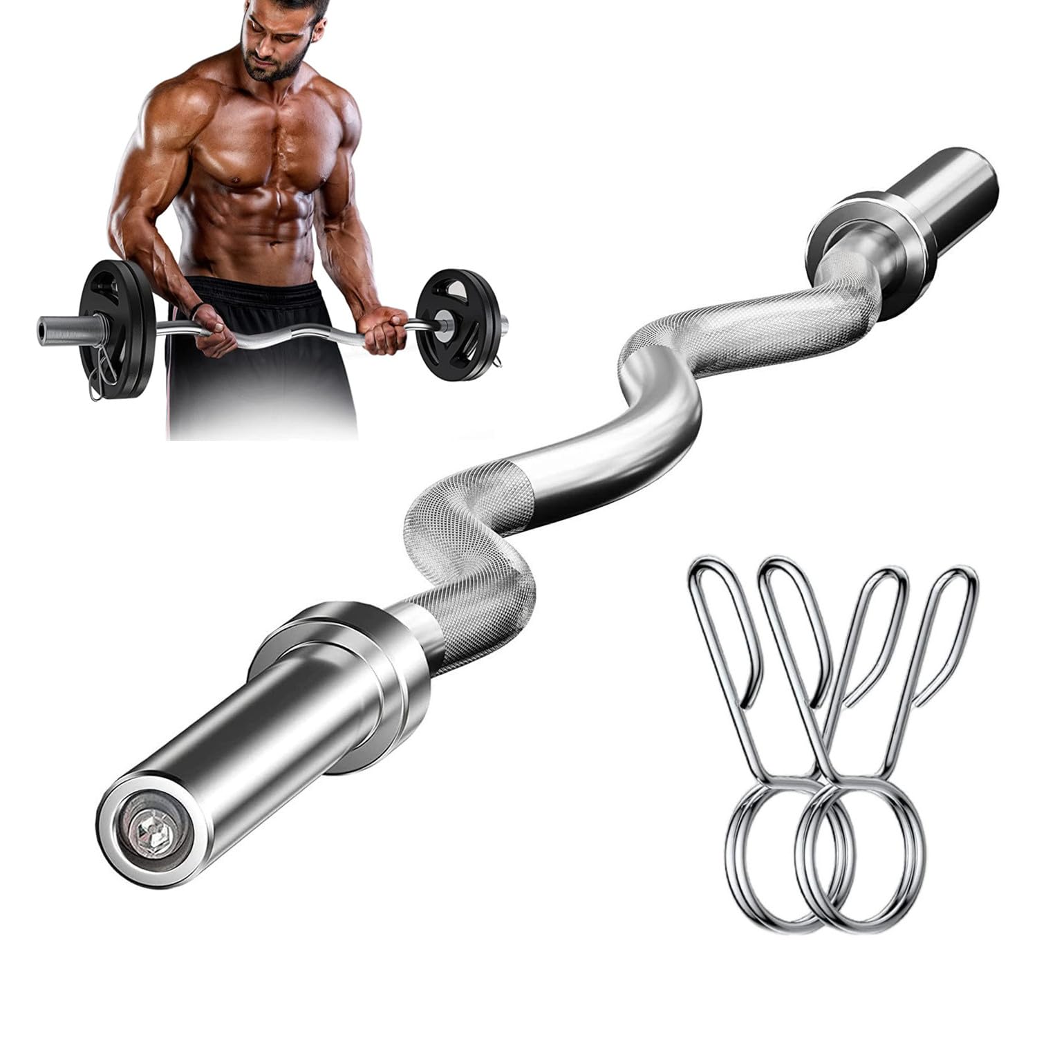 Nisorpa 119,4 cm olympische EZ Curlstange Gewichtheber-Langhantelstange mit rutschfestem Handgriff und 2 Federhalsbändern, Bizeps-Curlingstange für Gewichte, Krafttraining, Muskel, Bodybuilding