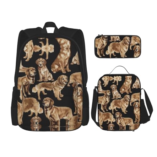 WURTON 3-in-1-Set mit goldenem Retriever-Aufdruck, lässiger verstellbarer Schulter-Rucksack, Lunch-Tasche, Federmäppchen, Beutelbox, Schwarz, Einheitsgröße