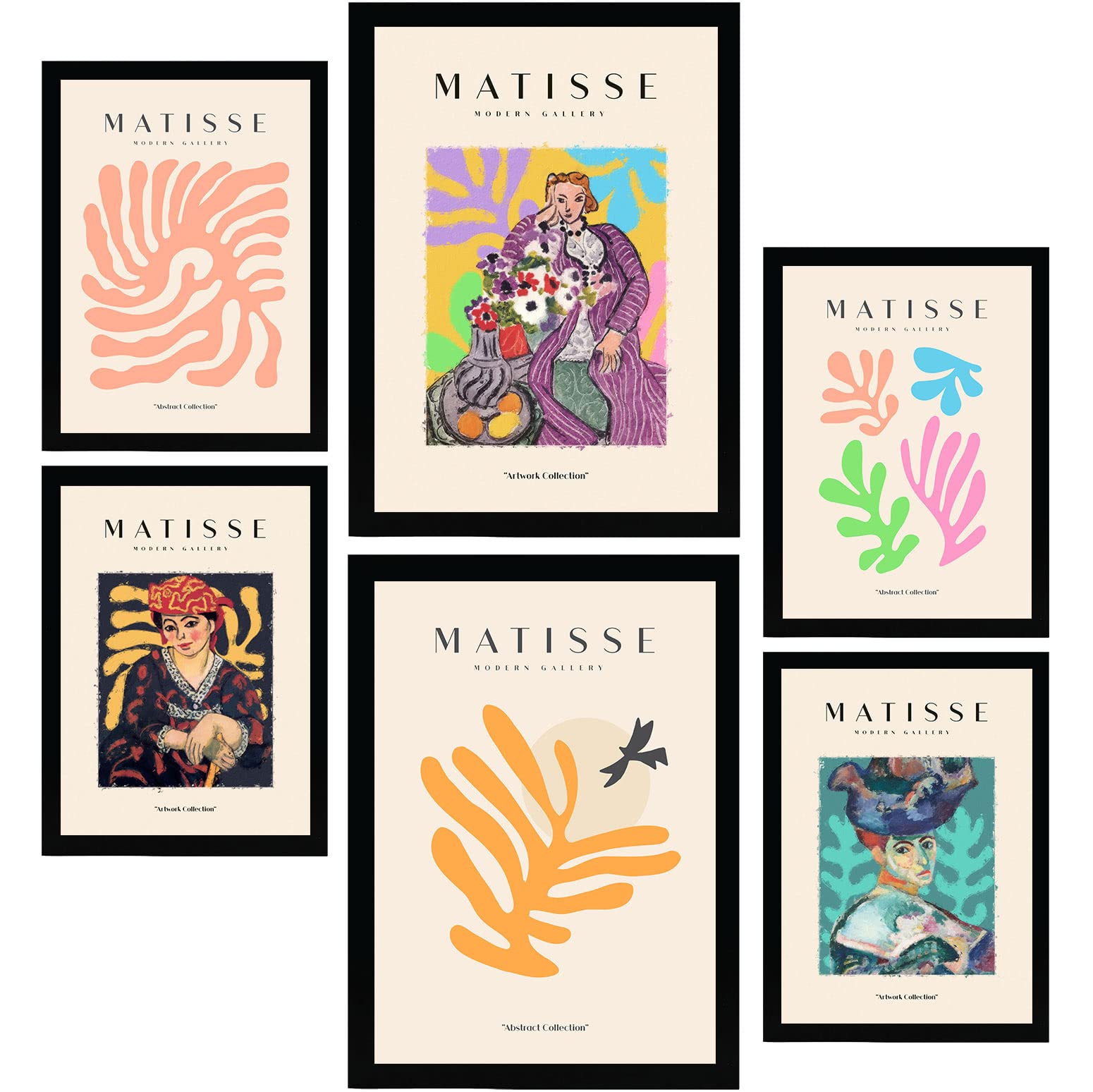 Nacnic Set mit 6 Henri Matisse Postern. Feminin. Drucke des Fauvismus und der abstrakten Kunst für Innenarchitektur und Dekoration. A3 & A4 ohne Rahmen.