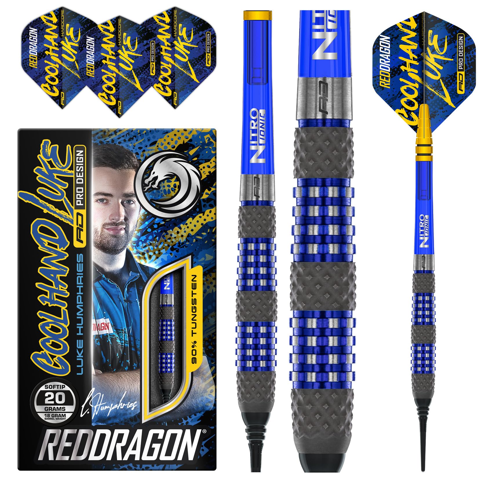 RED DRAGON Luke Humphries TX2 Atomised 18 Gramm Premium Wolfram Softip Dart Set mit Flüge und Schäften