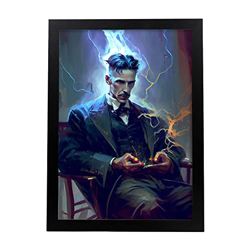 Nacnic Nikola Tesla in voller Farbe Fotostil. Cartoon-Illustrationen berühmter Erfinder und Schöpfer. Innenarchitektur und Dekoration. A3 mit schwarzen Rahmen.