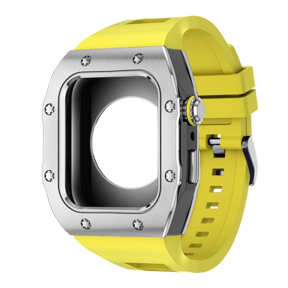 KANUZ Modifikations-Mod-Kit für Apple Watch, Armband 8, 7, 44 mm, 45 mm, Silikonband, Metallrahmen, Zubehör für iWatch Serie 6, 5, 4 SE (Farbe: O, Größe: 44 mm für 6/5/4/SE)