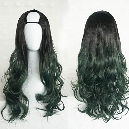 LINLINCD-Harajuku Fashion Long Wavy Curly Fluffy U-Shaped Wigs Heat Resistant Synthetic Fiber Ombre Mixed Gradient Dark Roots Hair for Girls 28inches/ 70cm