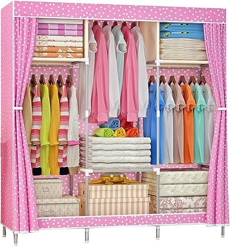 Kleiderschrank aus Segeltuch, Stoffgarderobe, Faltbarer Kleiderschrank, Aufbewahrungsorganisator mit Kleiderstange, Kleiderschrankregale für Schlafzimmer, Rosa, 105 x 46 x 156 cm