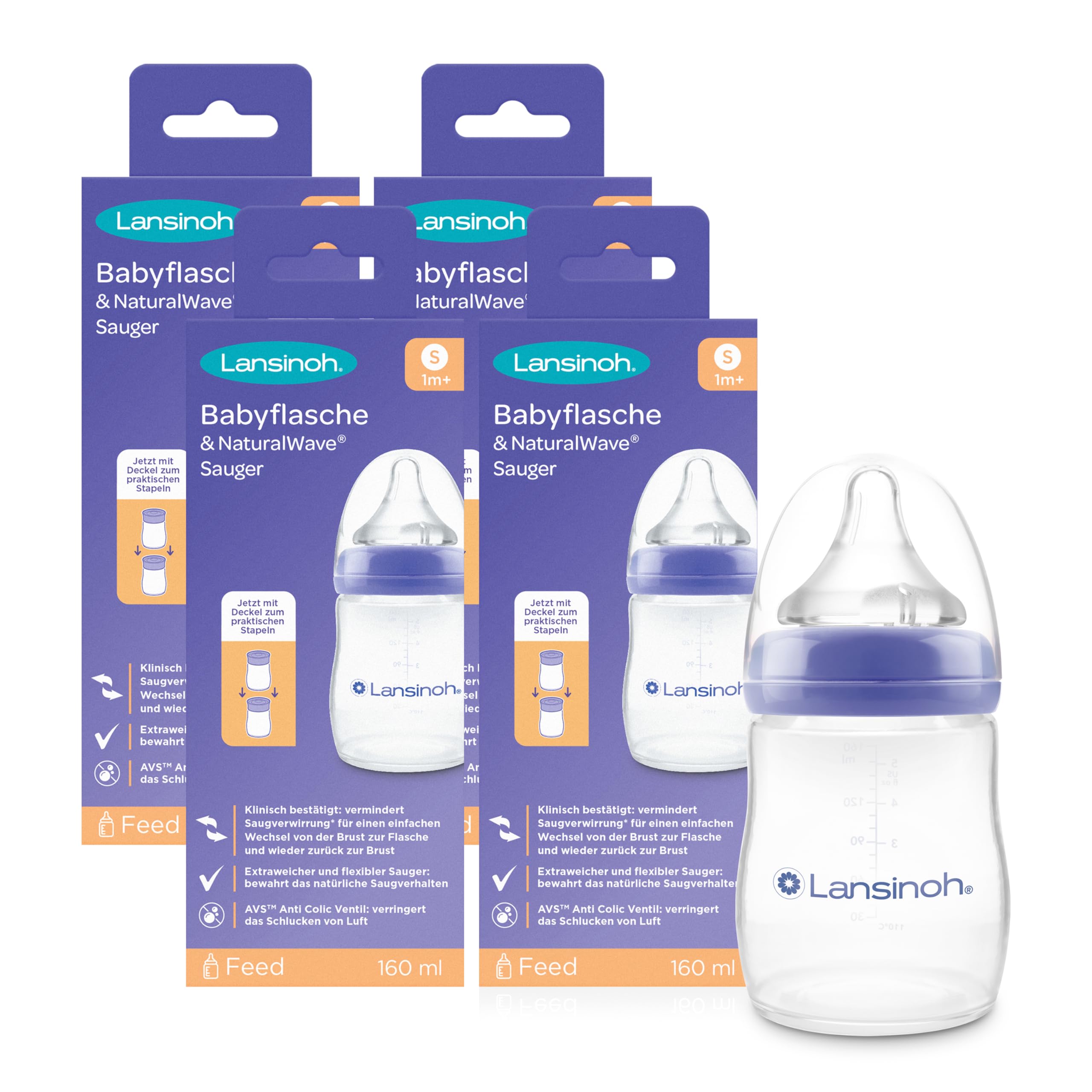 Lansinoh Babyflaschen Set mit NaturalWave Sauger Gr. S, 160 ml, 4er Pack - Babyflasche im neuen kompakten Design für verbesserte Stabilität - mit stapelbarem Deckel