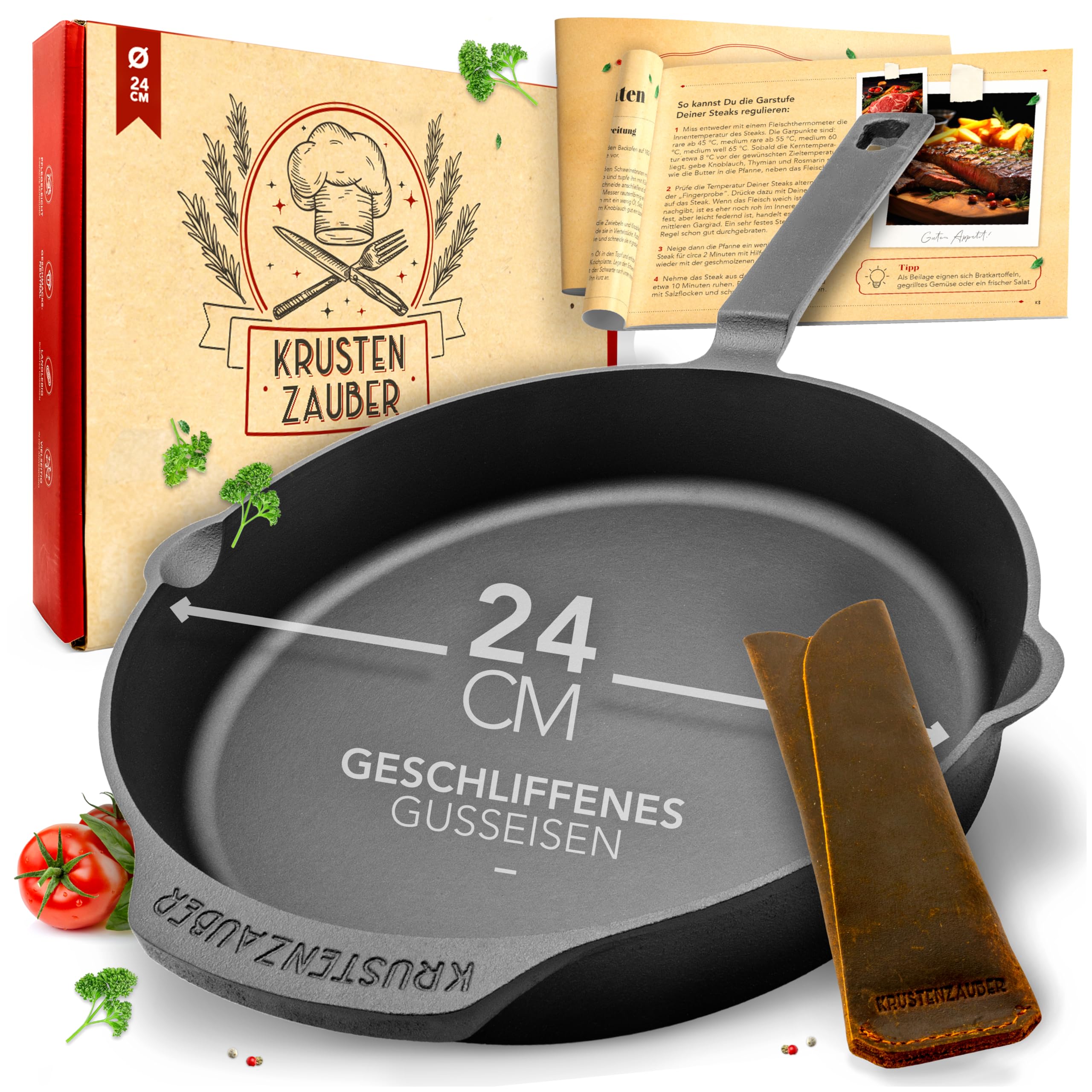 KRUSTENZAUBER 24cm Gusseisenpfanne Induktion - Fein Geschliffene Gusseisen Pfanne - Ideale Grillpfanne Induktion, Eisenpfanne, Cast Iron Pan, Bratpfanne, Gusseiserne Pfanne Skillet Gusspfann