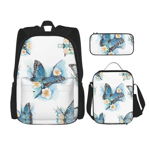 WURTON Schulrucksack-Set mit blauem Schmetterling auf Blüte, 3-in-1, Büchertasche, Set mit Lunchbox, Federmäppchen, Reise, Laptop, Tagesrucksack