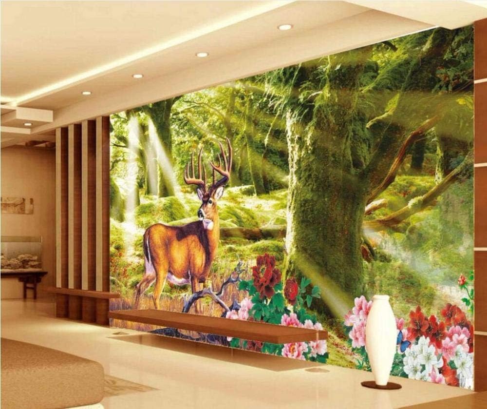 Wald Elch Sonnenschein Blumen 3D Tapete Poster Restaurant Schlafzimmer Wohnzimmer Sofa TV Dekorative Wand-300cm×210cm