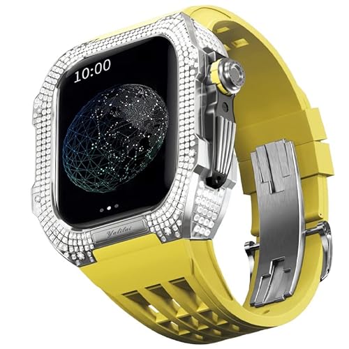 KANUZ Uhren-Modifikationsset, Luxus-Uhrenarmband-Set für Apple Watch 6, 5, 4 SE, 44 mm, luxuriöses Fluorkautschuk-Armband, Titangehäuse für iWatch 6/5/4/SE, 44 mm, Serie, Upgrade-Modifikation (Farbe: