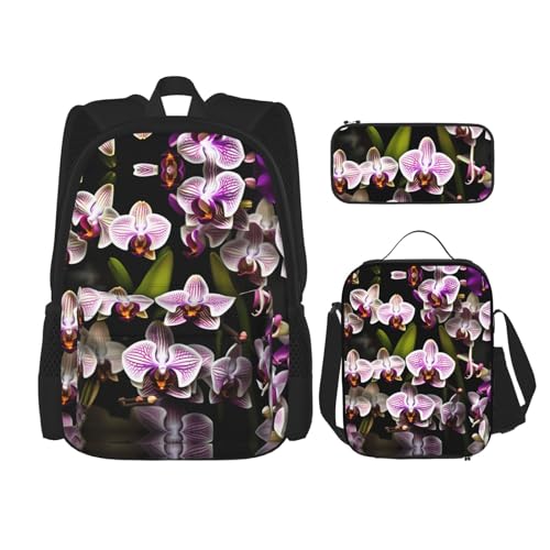 YQxwJL 3-in-1-Rucksack-Büchertaschen-Set, Cartoon-süßer Waschbär-Druck, lässiger Reiserucksack, mit Federmäppchen, Lunchtasche, Orchideen, Einheitsgröße