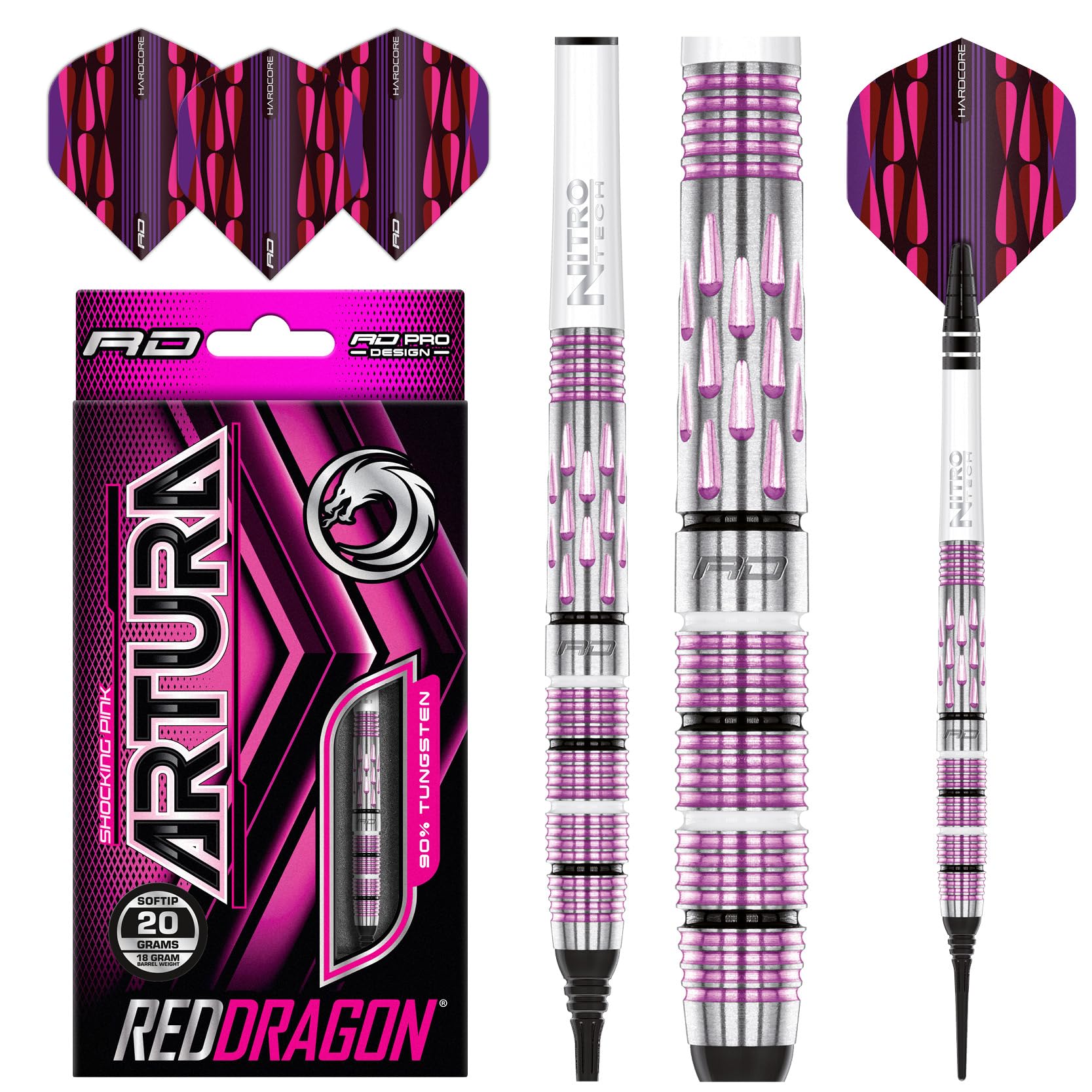 RED DRAGON Artura Shocking Rosa 18 Gramm Softip Premium Tungsten Darts Set mit Flights und Stielen