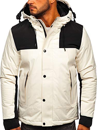 BOLF Herren Winterjacke Parka Warm Gefüttert mit Kapuze Fellbesatz Lang Wintermantel Winter Herbst Outdoor Freizeit Kapuzenjacke Casual Style J.STYL J1905 Weiß M [4D4]