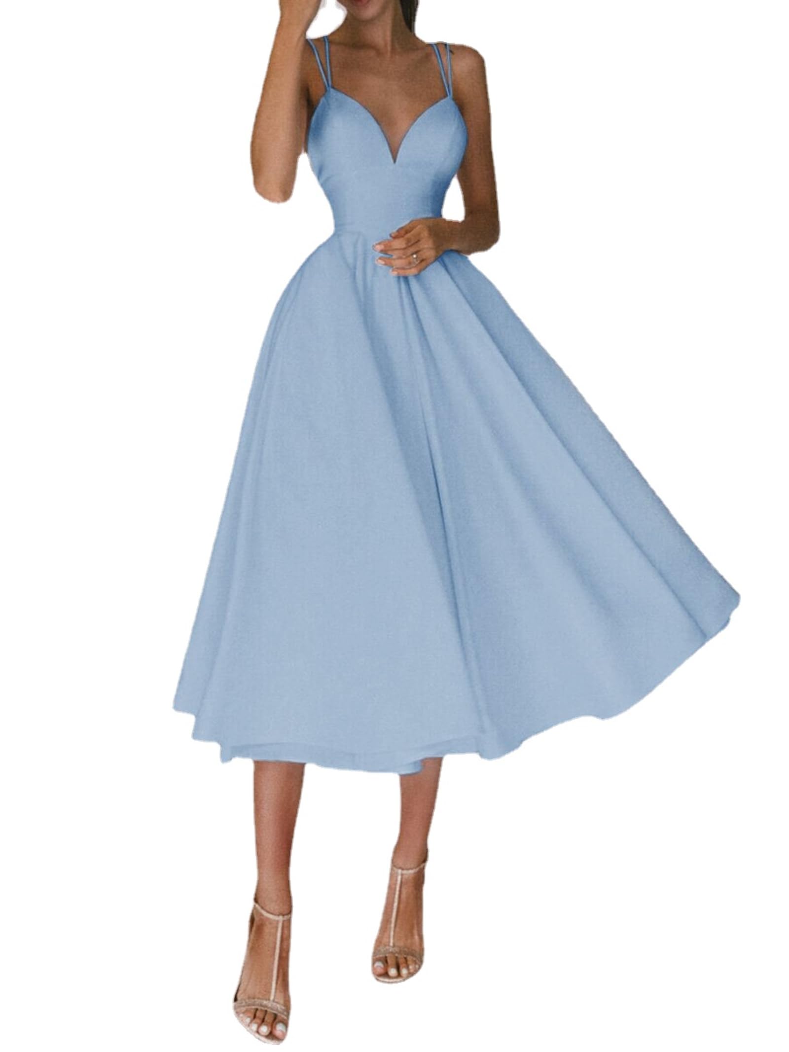 WINDEHAO Elegantes Kleid mit V-Ausschnitt,Damen V-Ausschnitt Spaghetti-Träger Rückenfrei Cocktail Party Kleid Formal Brautjungfer Sonnenkleid (Sky Blue,XL)